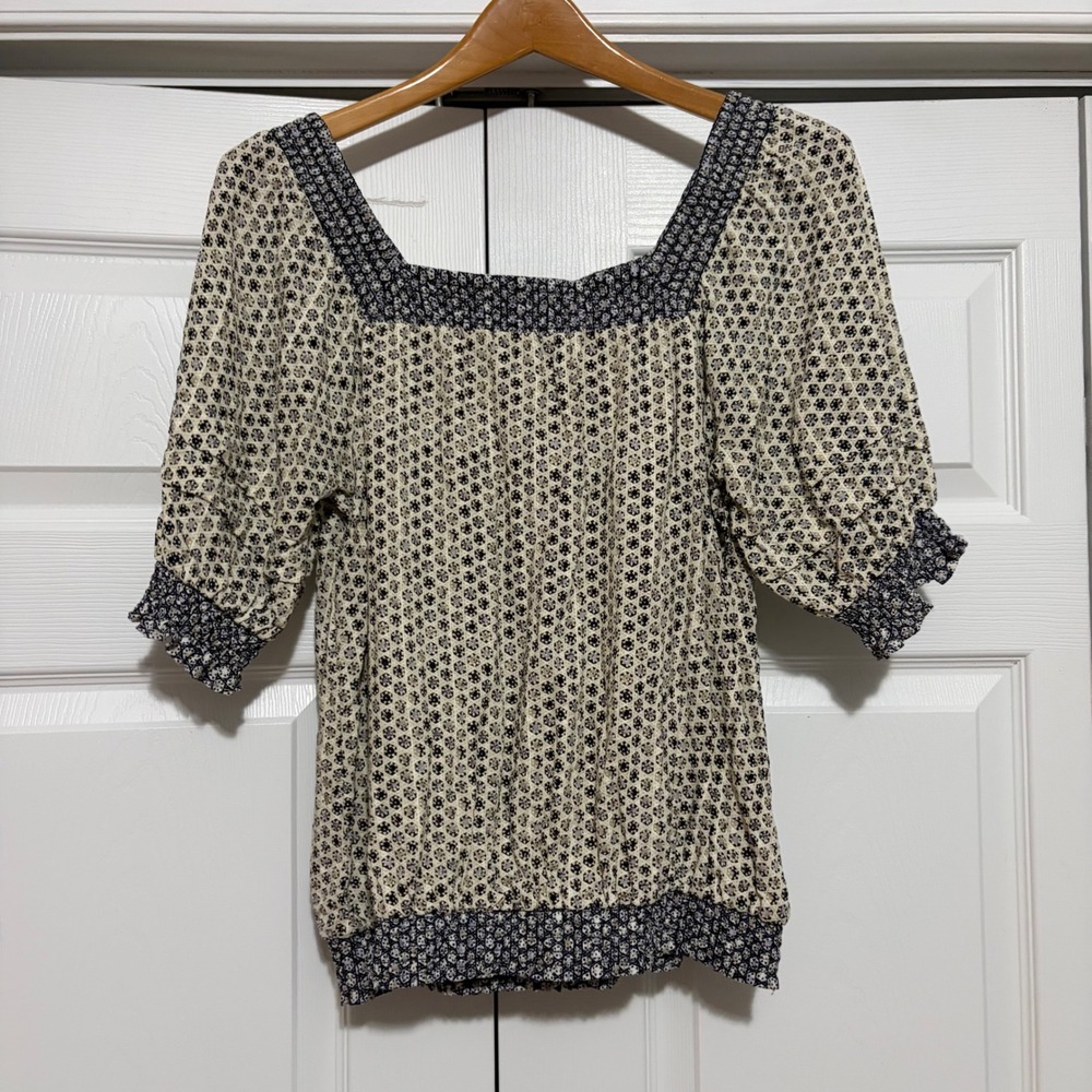 Fat Face Floral Blouse Womens Medium Navy Cream Boho Cottage Core Coastal Loose